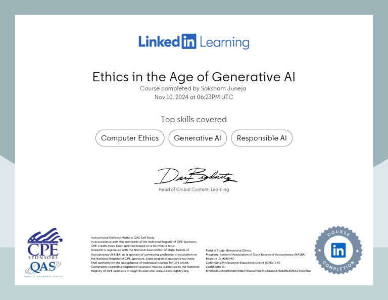 CertificateOfCompletion - Ethics in The Age of Generative AI | PDF