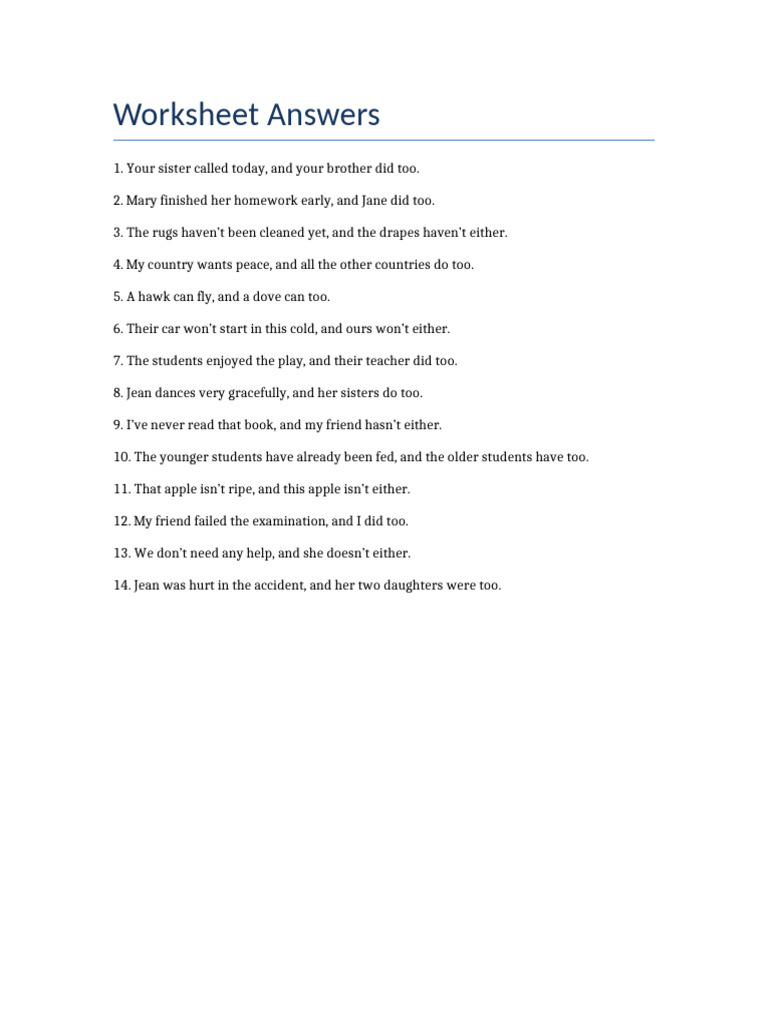 Worksheet Answers for Conjunctions | PDF | Wellness