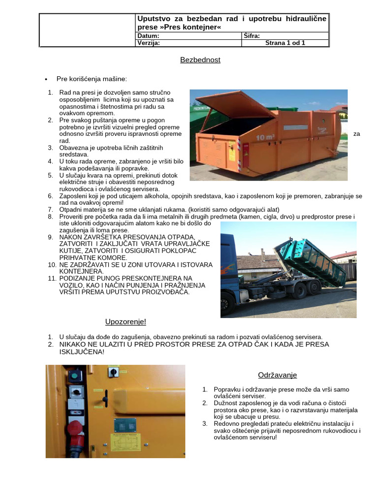Uputstvo Za Bezbedan Rad I Upotrebu Hidraulične Prese Pres Kontejner