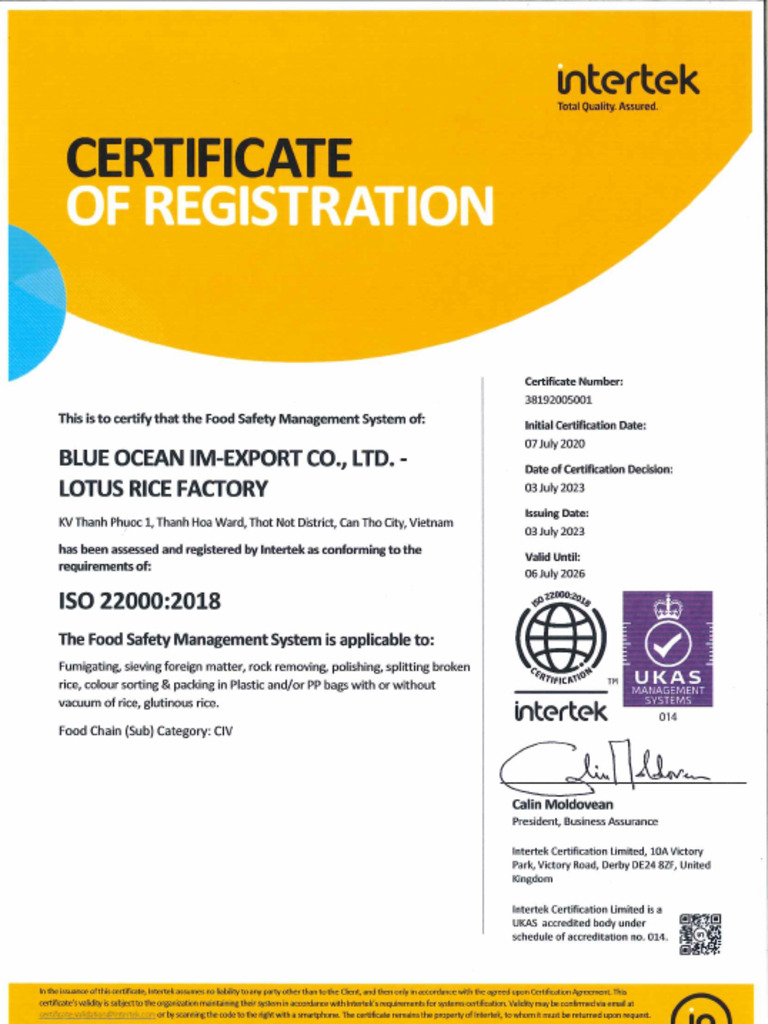 2023 - Iso 22000 2018 - Scan of Cert - Certificate | PDF