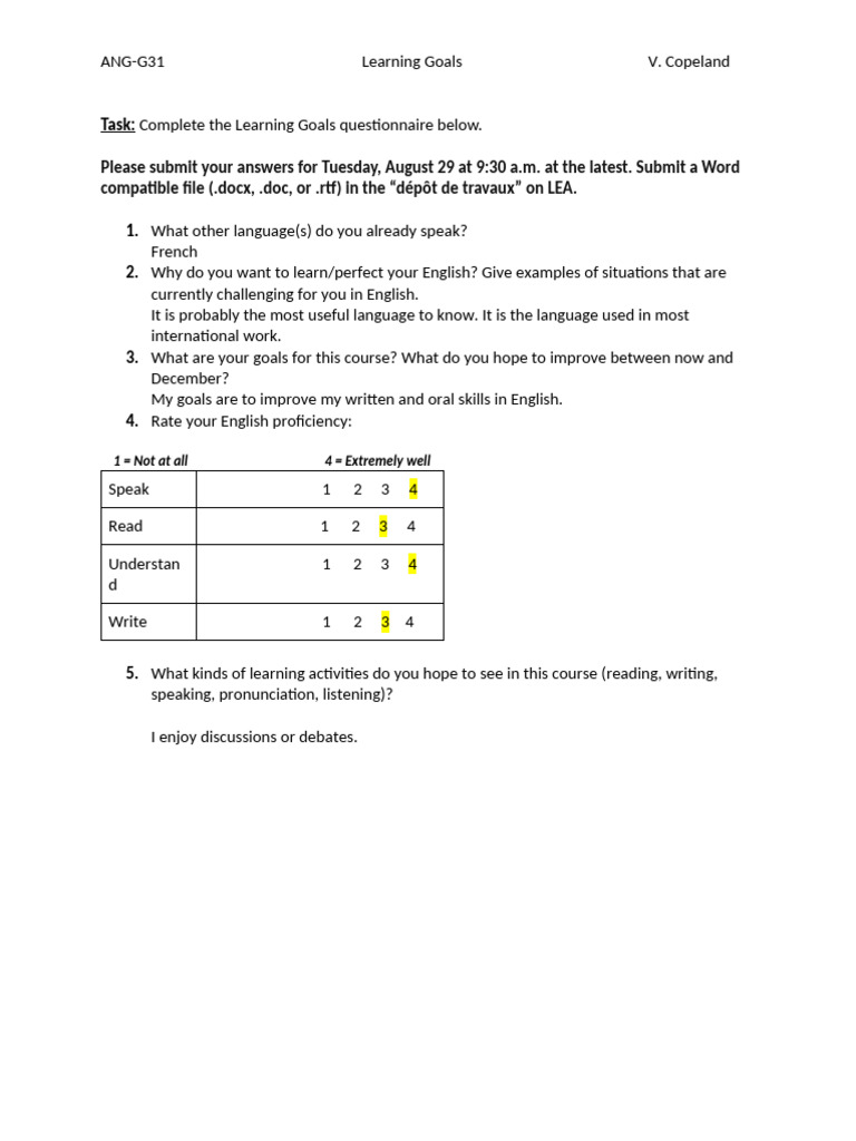 English Learning Goals Questionnaire Pdf