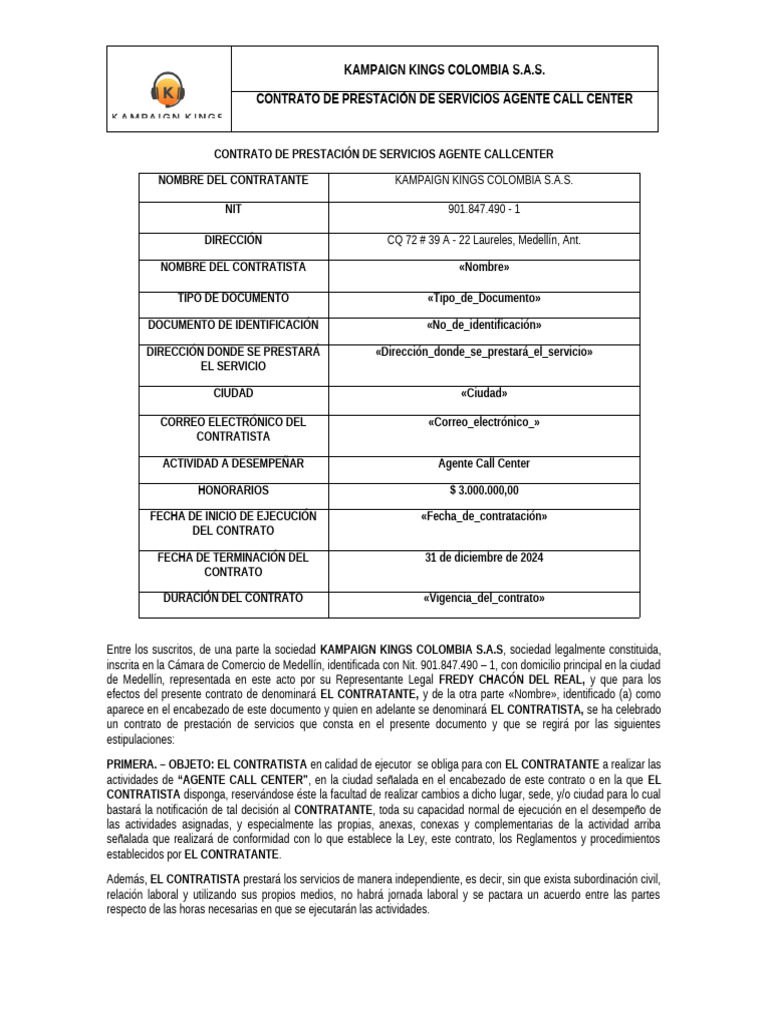 Contrato de Prestación de Servicios Agente Call Center | PDF | Derecho ...