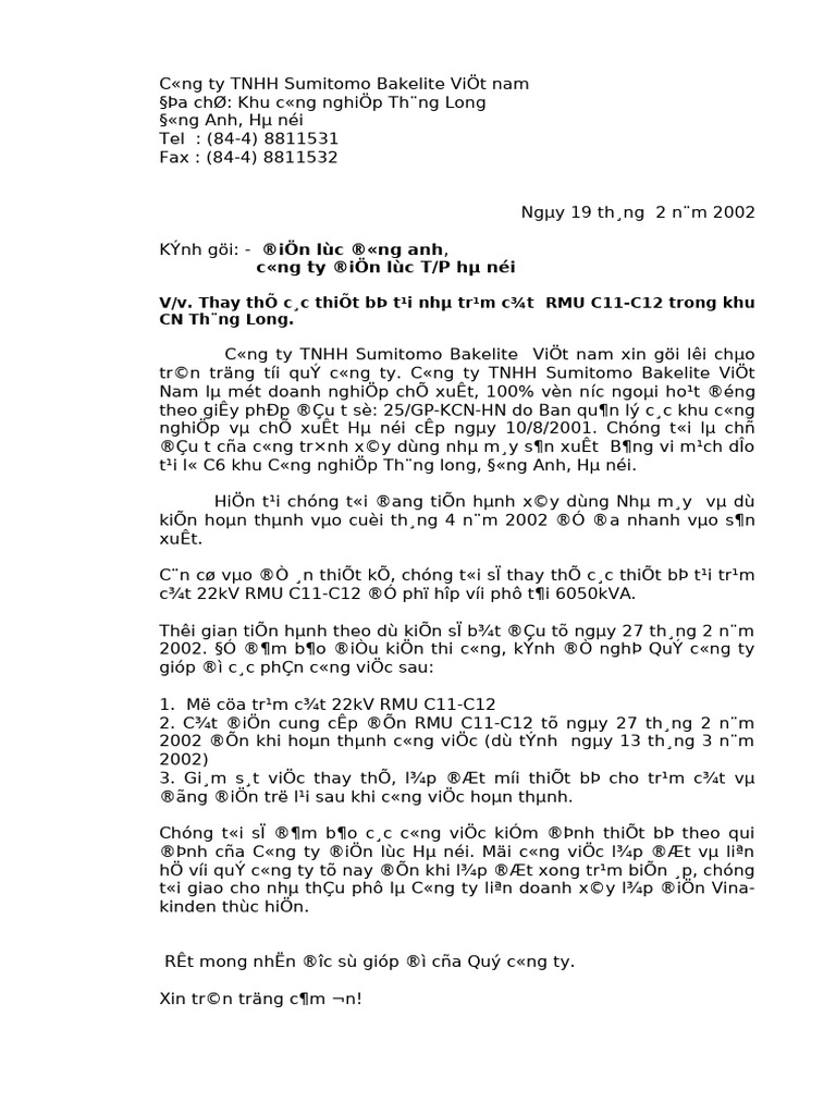 Letter To HPC (Sumitomo - Thay RMU) | PDF