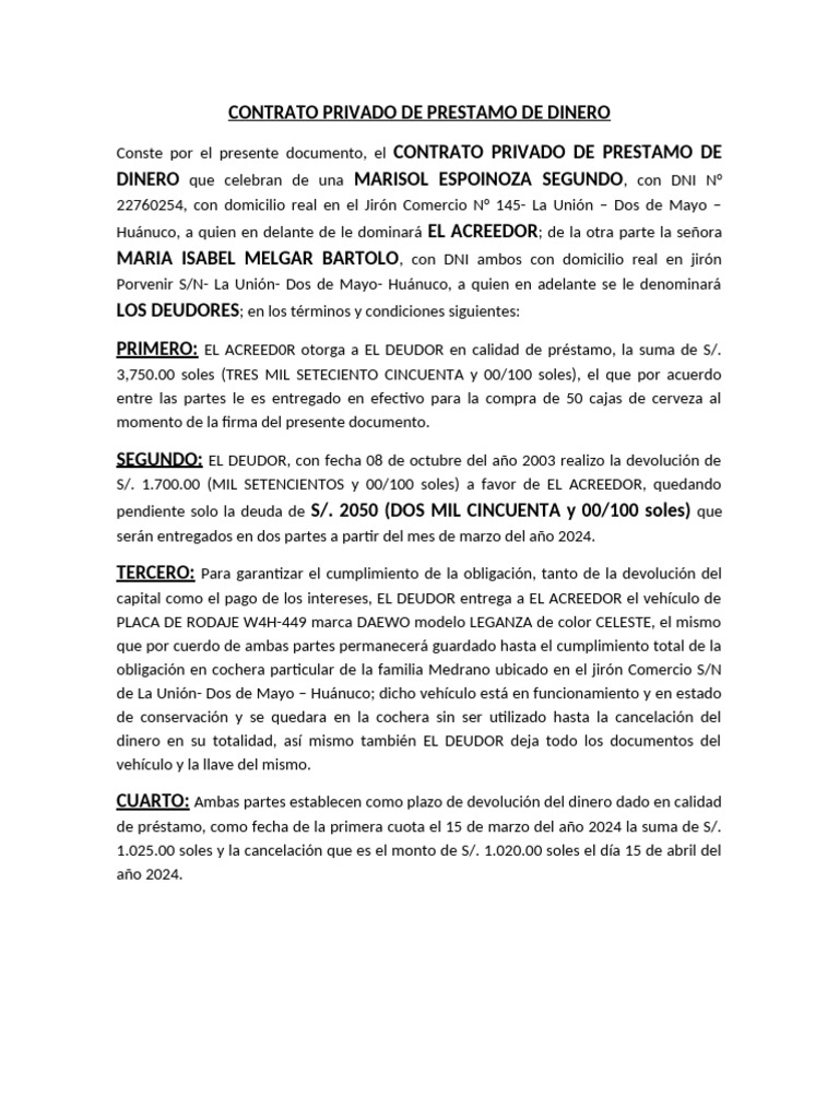 Contrato Privado de Prestamo de Dinero | PDF | Derecho | Hogar ...