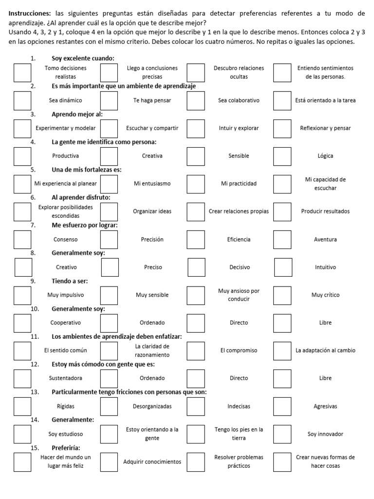 Test de Estilos de Aprendizaje Infantil | PDF | Aprendizaje ...