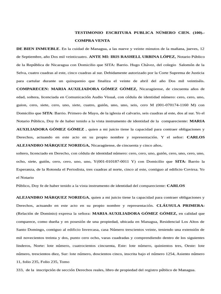 Escritura Pública de Venta Inmueble Managua | PDF
