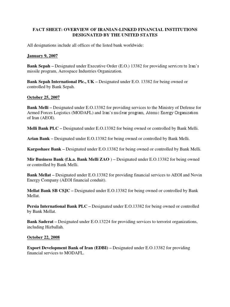 Fact Sheet Overview Of Iranian Linked Financial Institutions