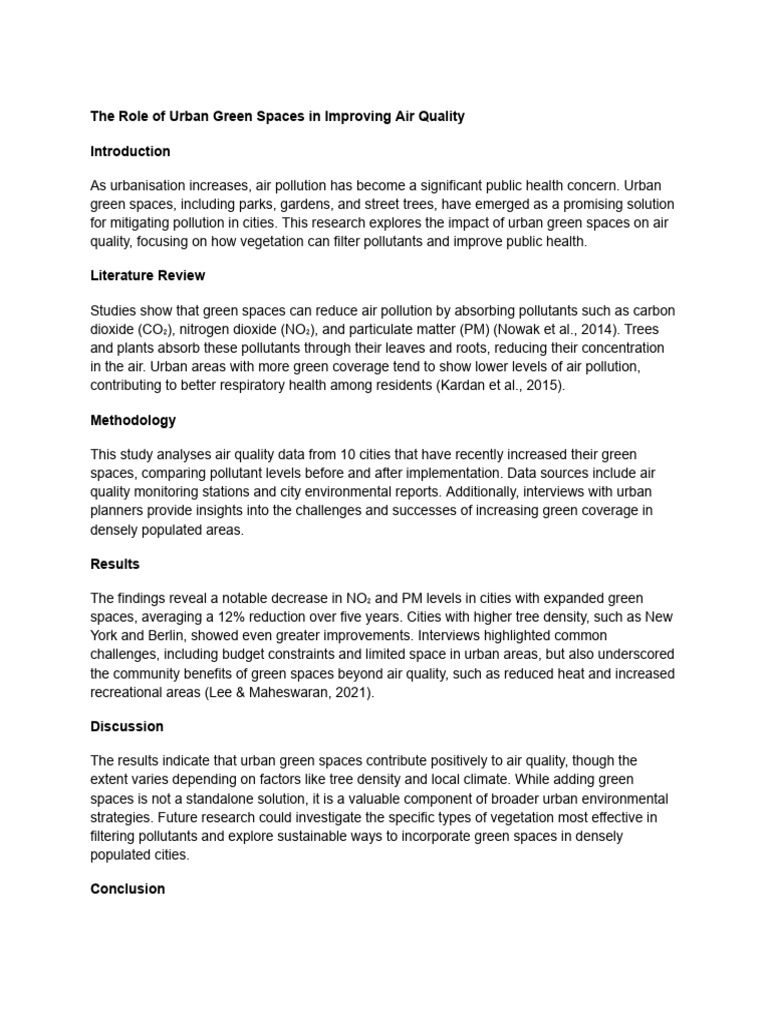 Urban Green Spaces Improve Air Quality | PDF | Air Pollution | Natural ... - Improving Air Quality Urban Green Spaces