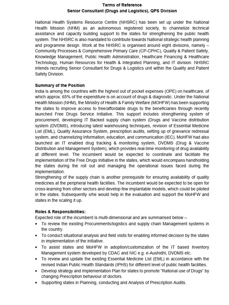 Terms of Reference - Senior Consultant (Drugs and Logistics), QPS ...