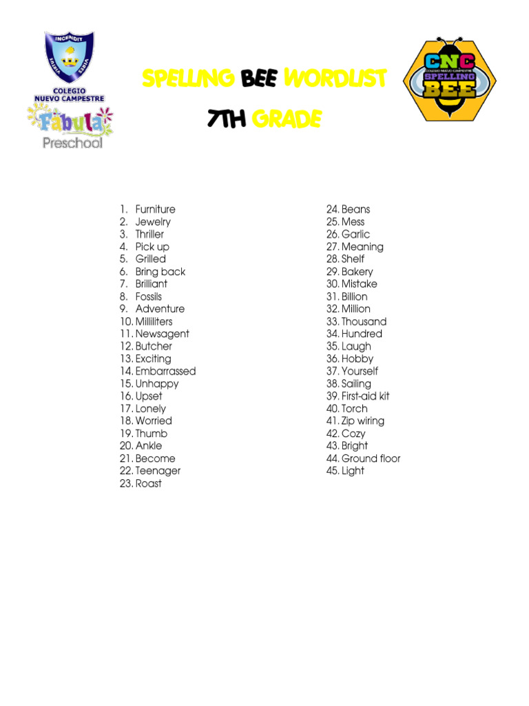 Spelling Bee Wordlist 7th Grade PDF