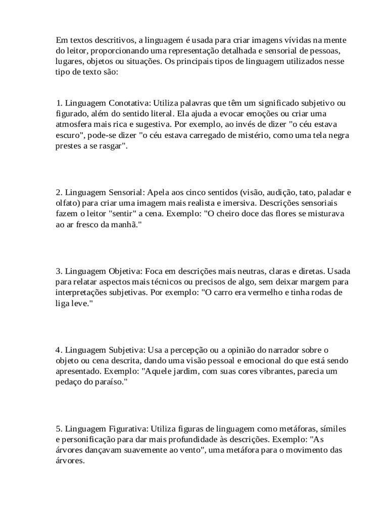 Tipos de Linguagem em Textos Descritivos | PDF