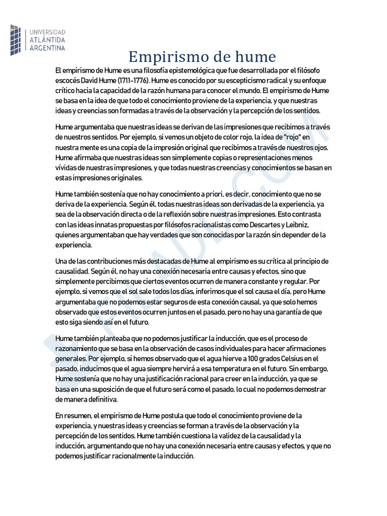 Empirismo de Hume: Conocimiento y Causalidad | PDF | David Hume | Empirismo