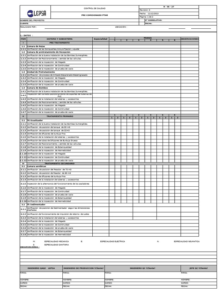 R-In-27 Pre Comisionado PTAR | PDF | Procesos de negocio