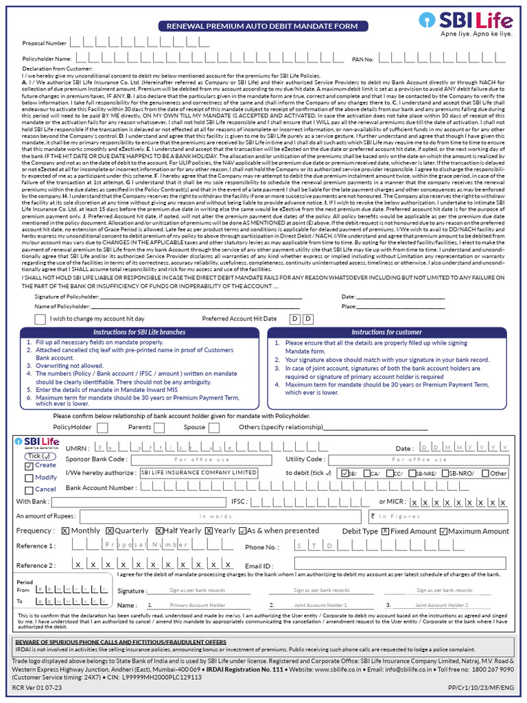 SBI Life Insurance Renewal Premium Mandate | PDF | Insurance | Debit Card