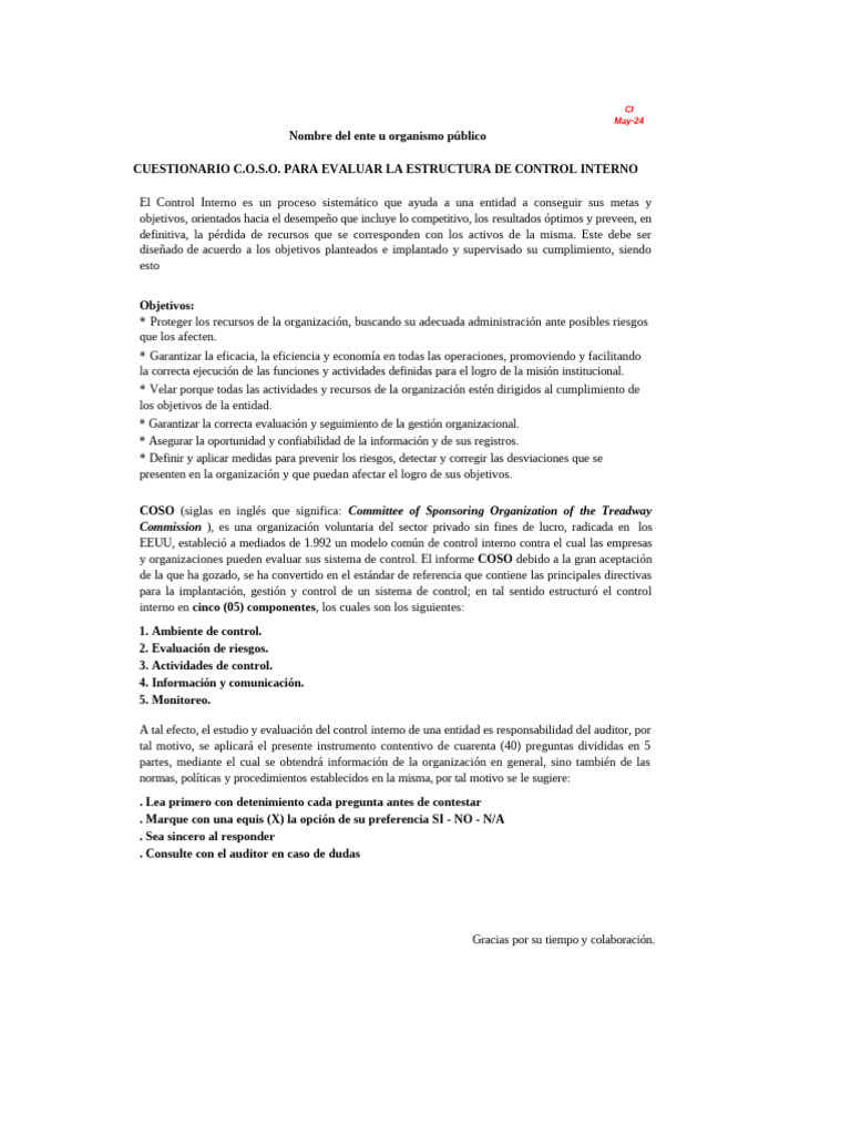 Cuestionario COSO para Control Interno | PDF | Business | Auditoría