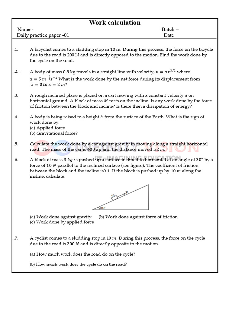 Work Calculation Exercises in Physics | PDF | Force | Quantity