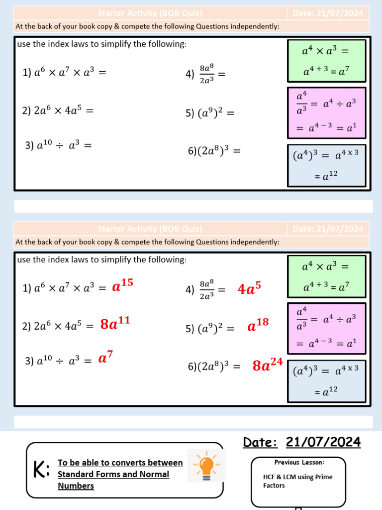Starter Activity (BOB Quiz) Date: 21/07/2024: Use The Index