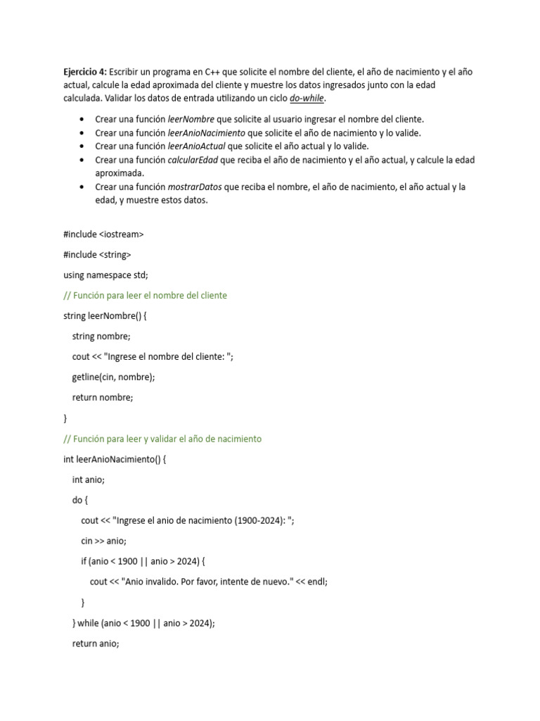 Programa C++ para calcular edad cliente | PDF | C ++ | Ingeniería ...