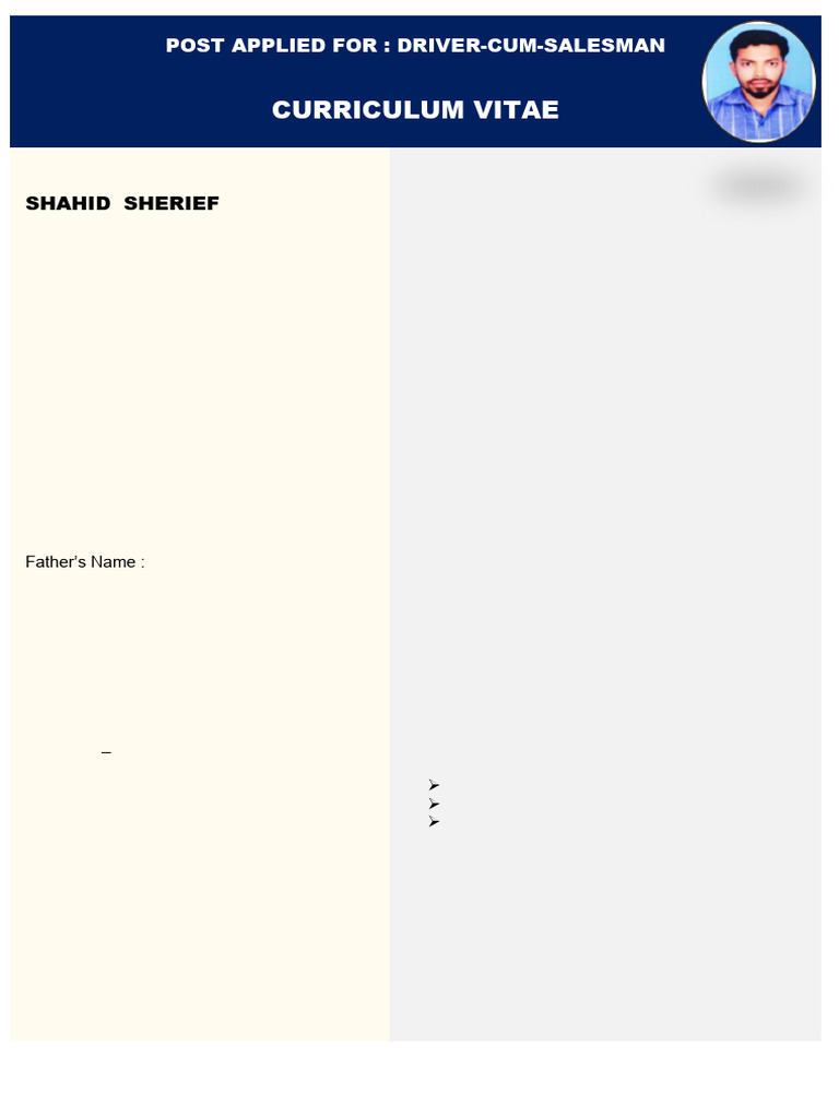 Driver-Cum-Salesman CV of Shahid Sherief | PDF | Cognition