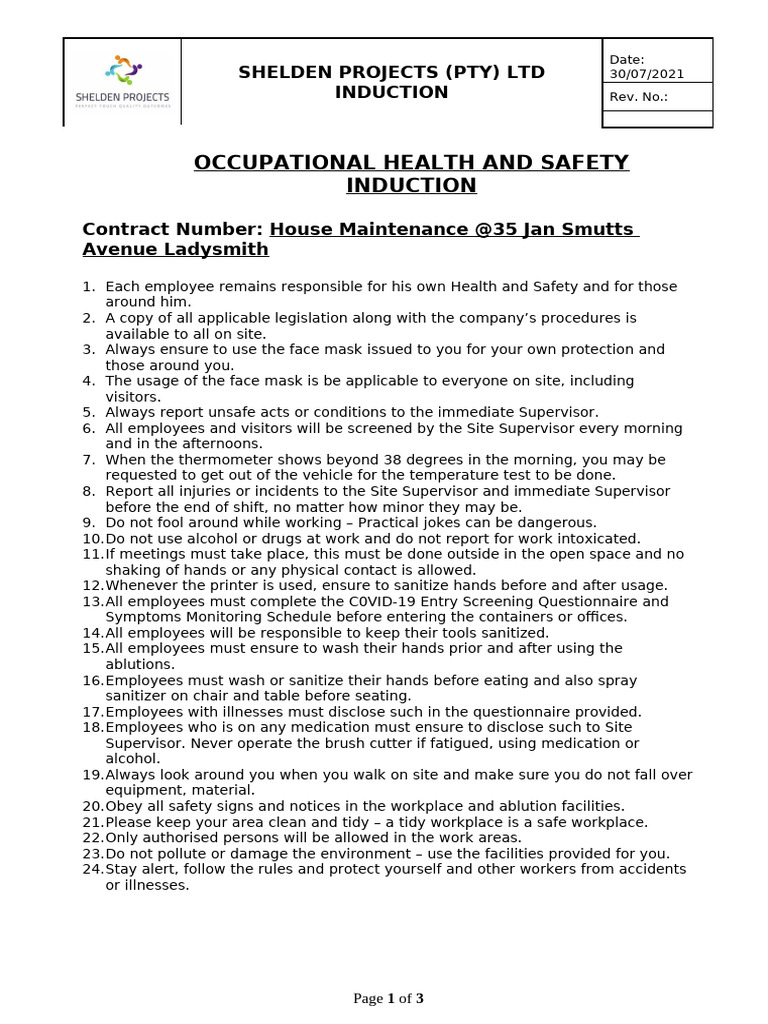 General Induction With Screening Questionnaire | PDF | Clinical ...