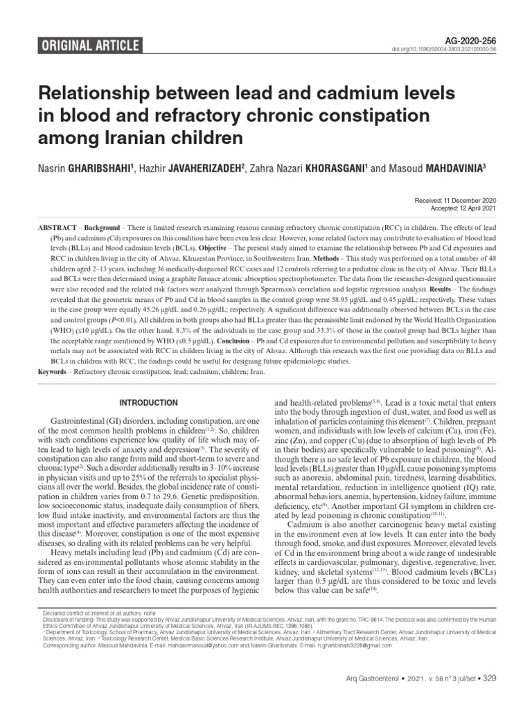 Relationship Between Lead and Cadmium Levels in Blood and Refractory ...
