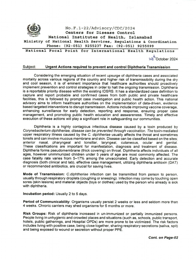 Advisory To Prevent and Control Diphtheria Transmi - 241028 - 170408 | PDF
