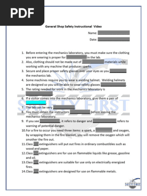 Fillable General Shop Safety Video Worksheet | PDF | Fires