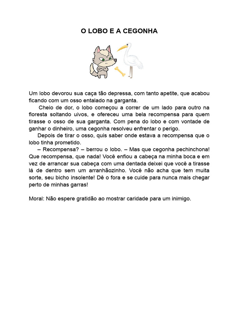 Moral da Fábula: Lobo e a Cegonha | PDF | Casa e Jardim