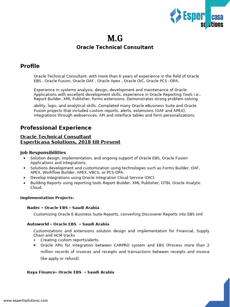 Oracle Consultant Expertise | PDF | Oracle Corporation | Sql