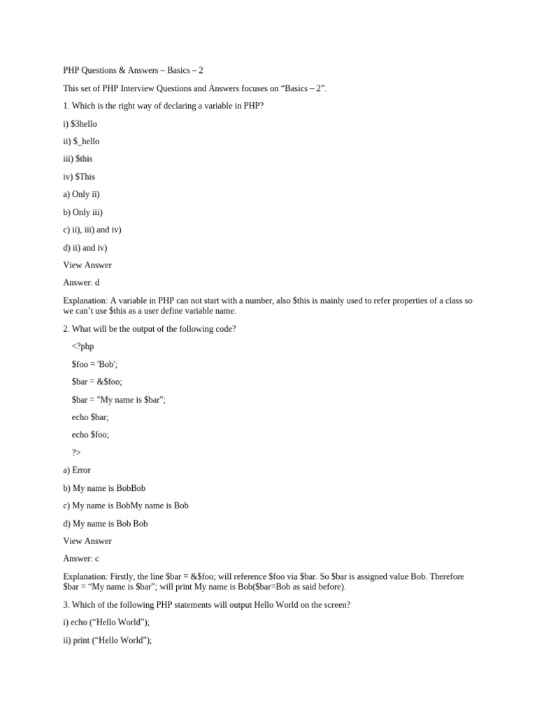 Php mcq questions pdf class computer programming parameter
