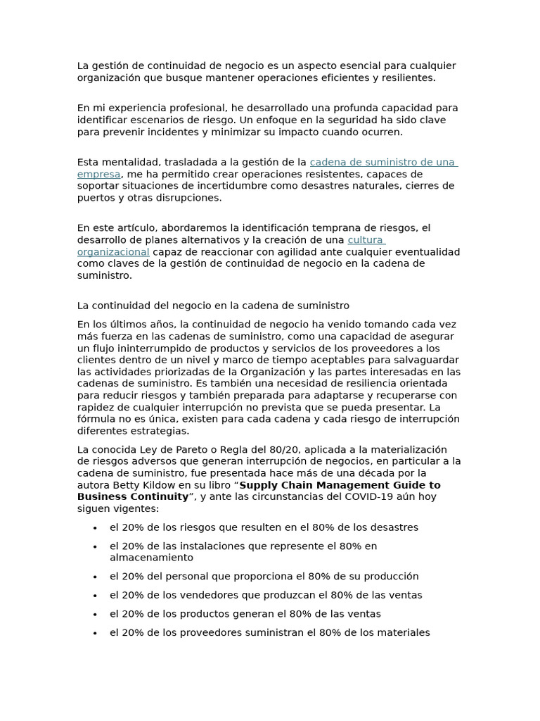 Cadena de Suministro en La Gestión de Continuidad Del Negocio | PDF ...