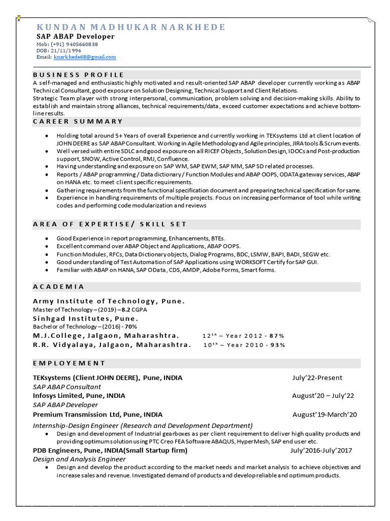 SAP ABAP Developer Profile Summary | PDF | Agile Software Development ...