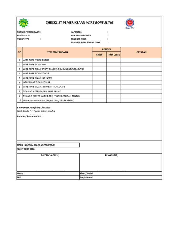 Checklist Inspeksi Wire Rope Sling | PDF