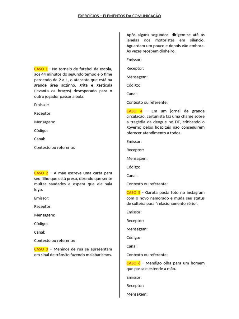 Exercícios sobre Elementos da Comunicação | PDF | Comunicação