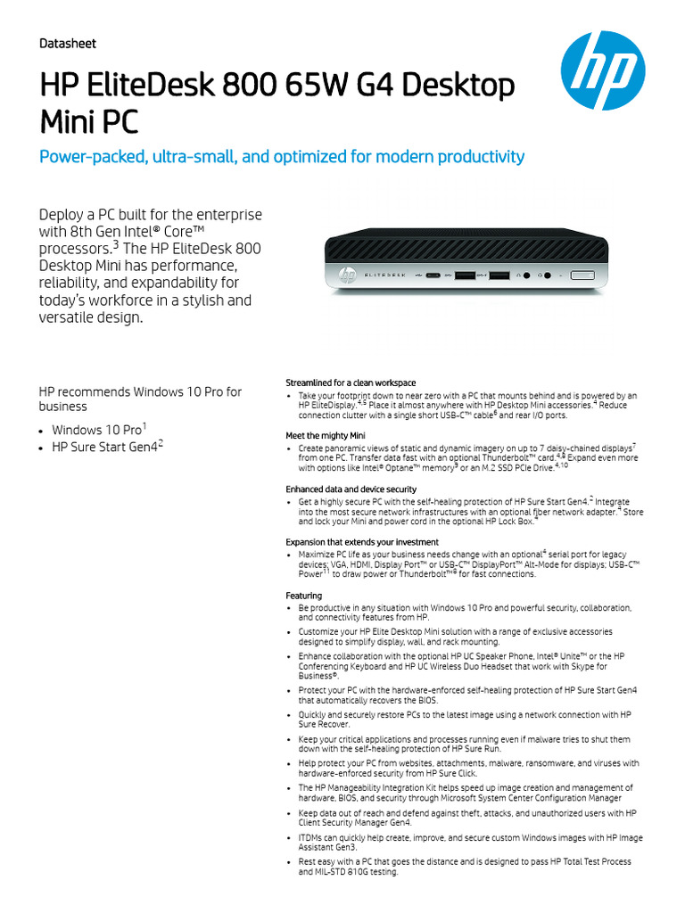 HP EliteDesk 800 G4 Mini PC Specs | PDF | Usb | Windows 10