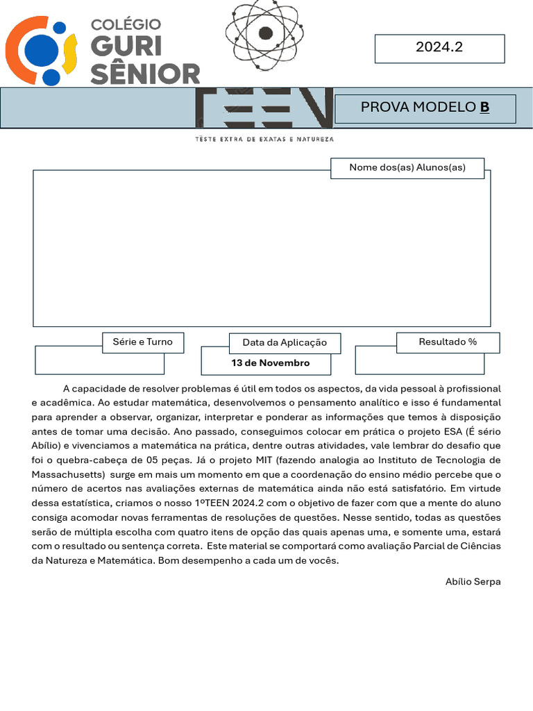 Prova Modelo B: Ciências e Matemática | PDF | Reações químicas | Química