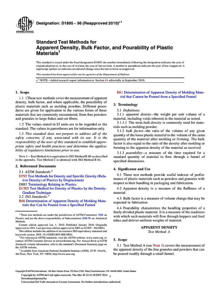 ASTM D1895: Density and Pourability Tests | PDF | Density | Metrology