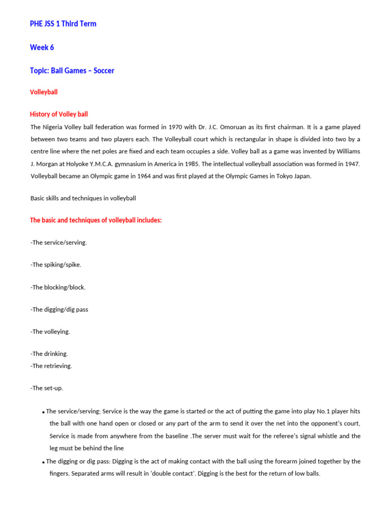 PHE JSS 1 Third Term Week 6 Topic: Ball Games - Soccer: Volleyball ...