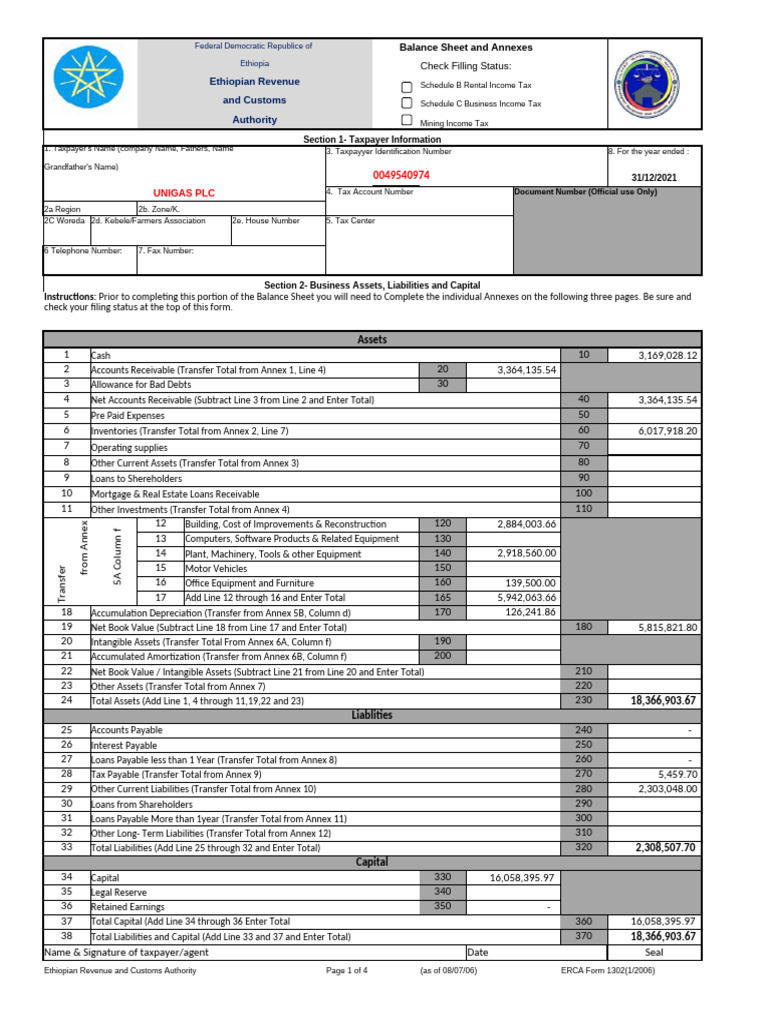Ethiopia 2021 Balance Sheet for UNIGAS PLC | PDF | Expense | Book Value
