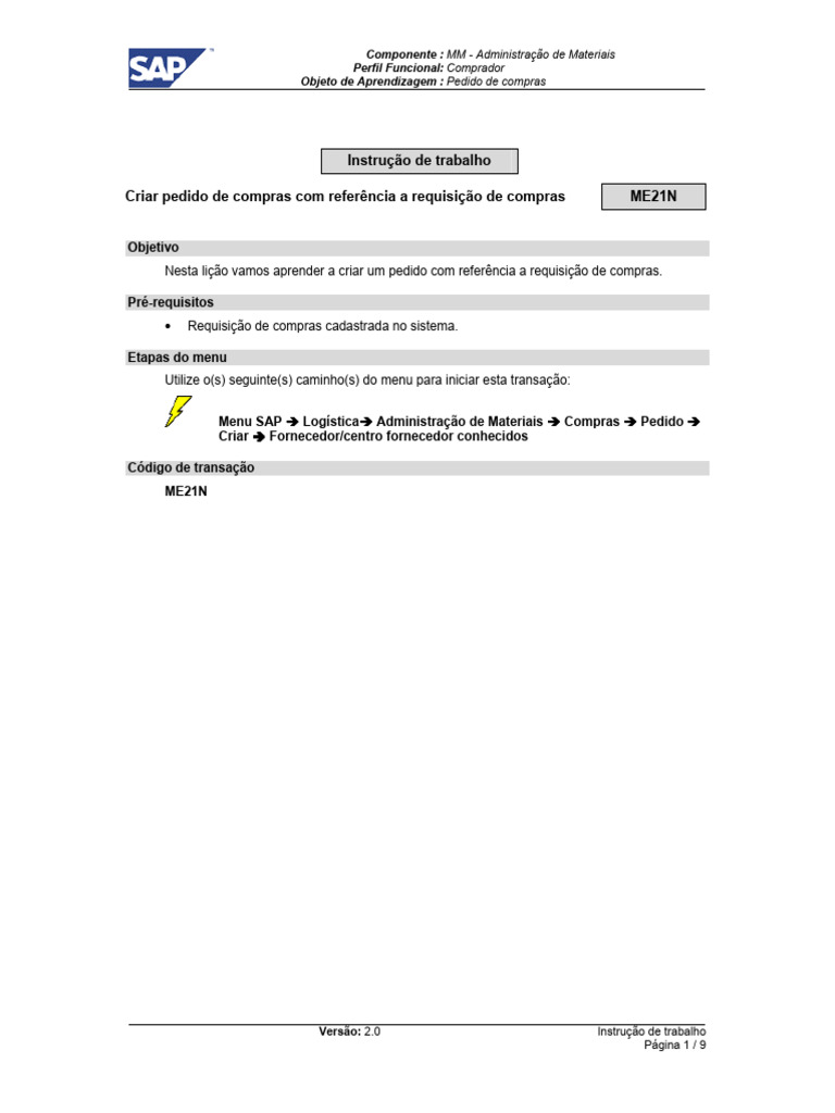 Criar Pedido de Compras no SAP ME21N | PDF | Finanças e Administração ...