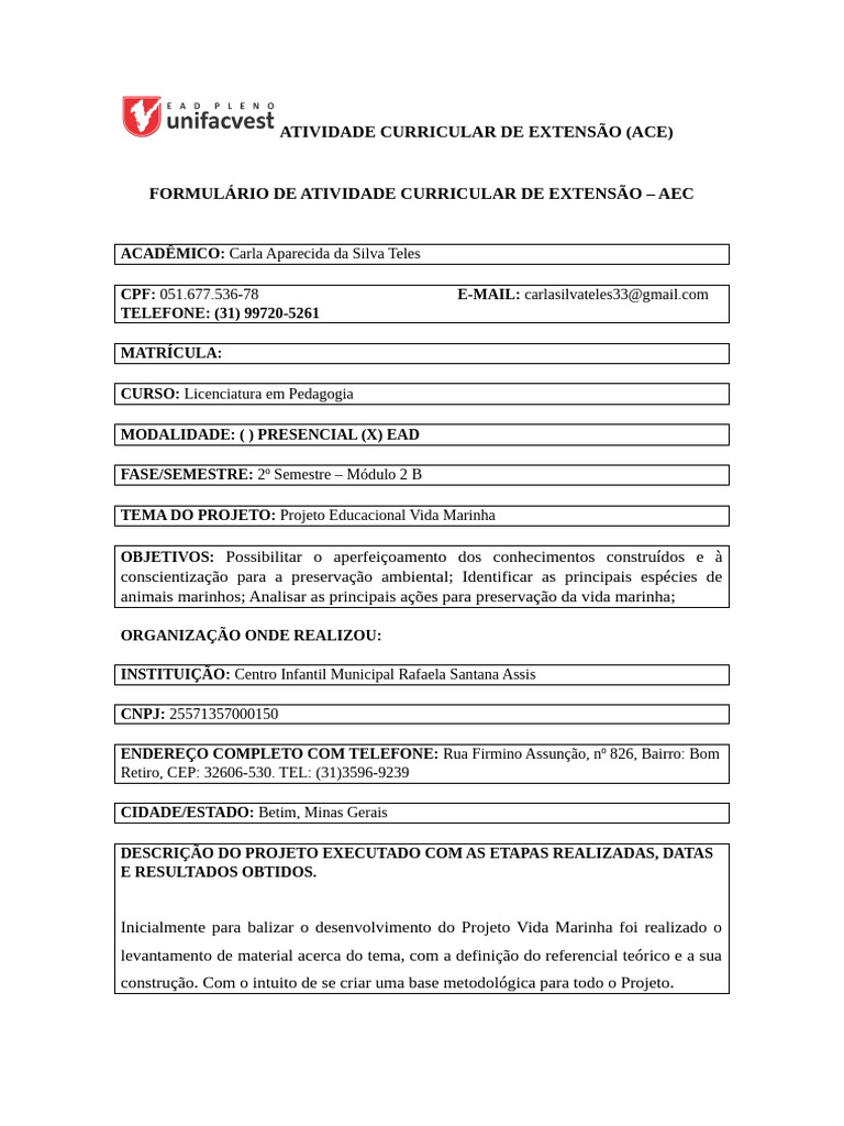 ATIVIDADE CURRICULAR DE EXTENSÃO - Carla Aparecida Da Silva Teles | PDF ...