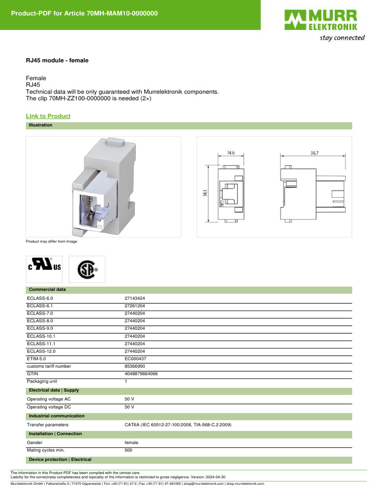 RJ45 Module - Female CAT6A | PDF | Voltage | Electrical Equipment