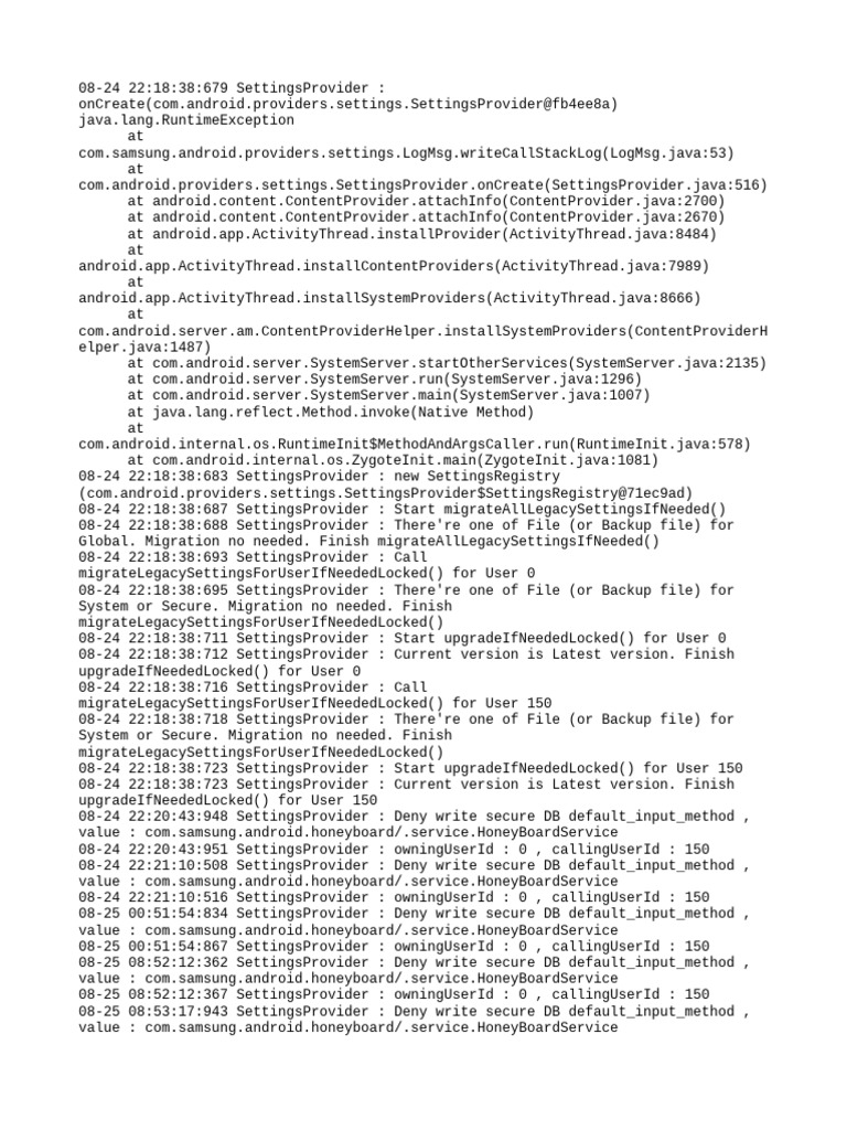 Samsung SettingsProvider Log Analysis | PDF | Software | Computing