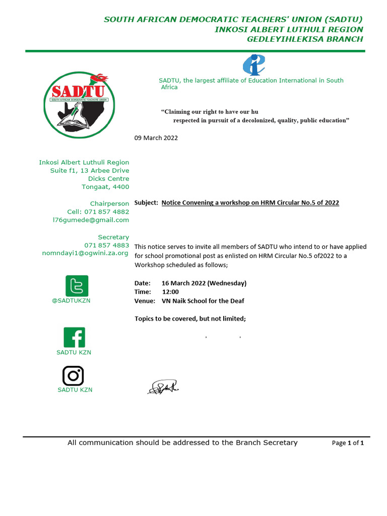 SADTU Workshop Invitation for Members | PDF | Career & Growth
