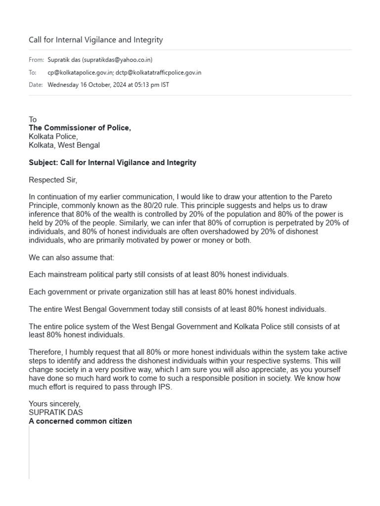 Letter To Commissioner of Police On Call For Internal Vigilance and ...