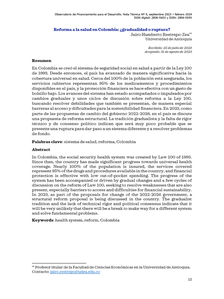 Reforma del Sistema de Salud en Colombia | PDF | Economias