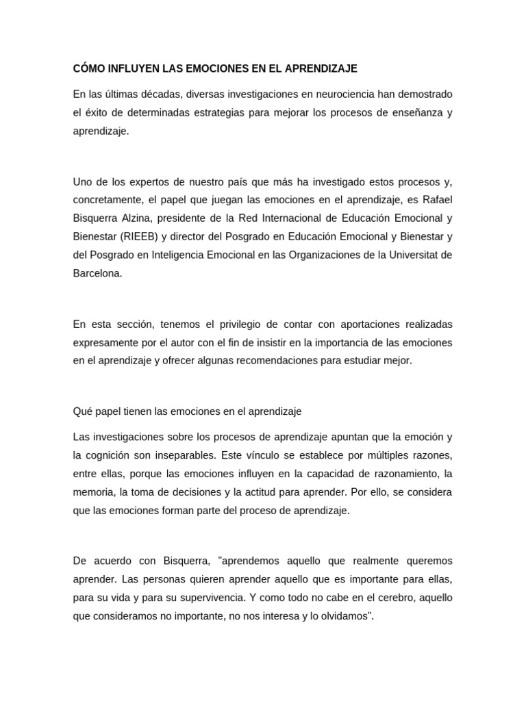 Cómo Influyen Las Emociones en El Aprendizaje | PDF | Las emociones ...