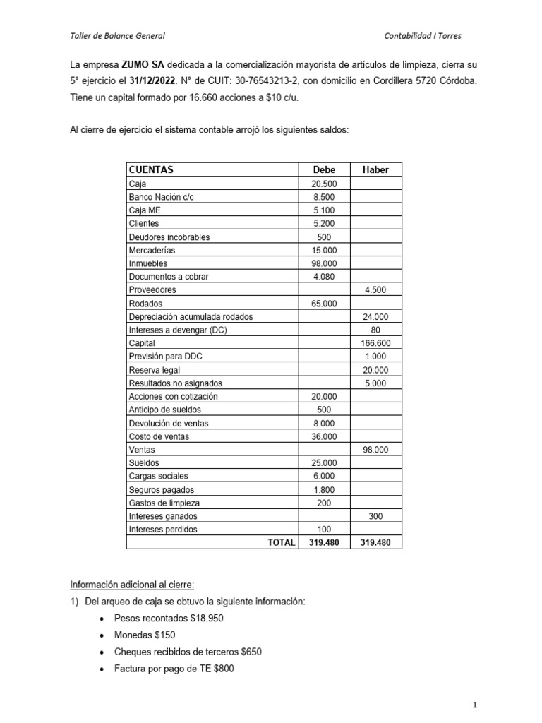 Caso Taller de Balance | PDF | Hoja de balance | Valor neto