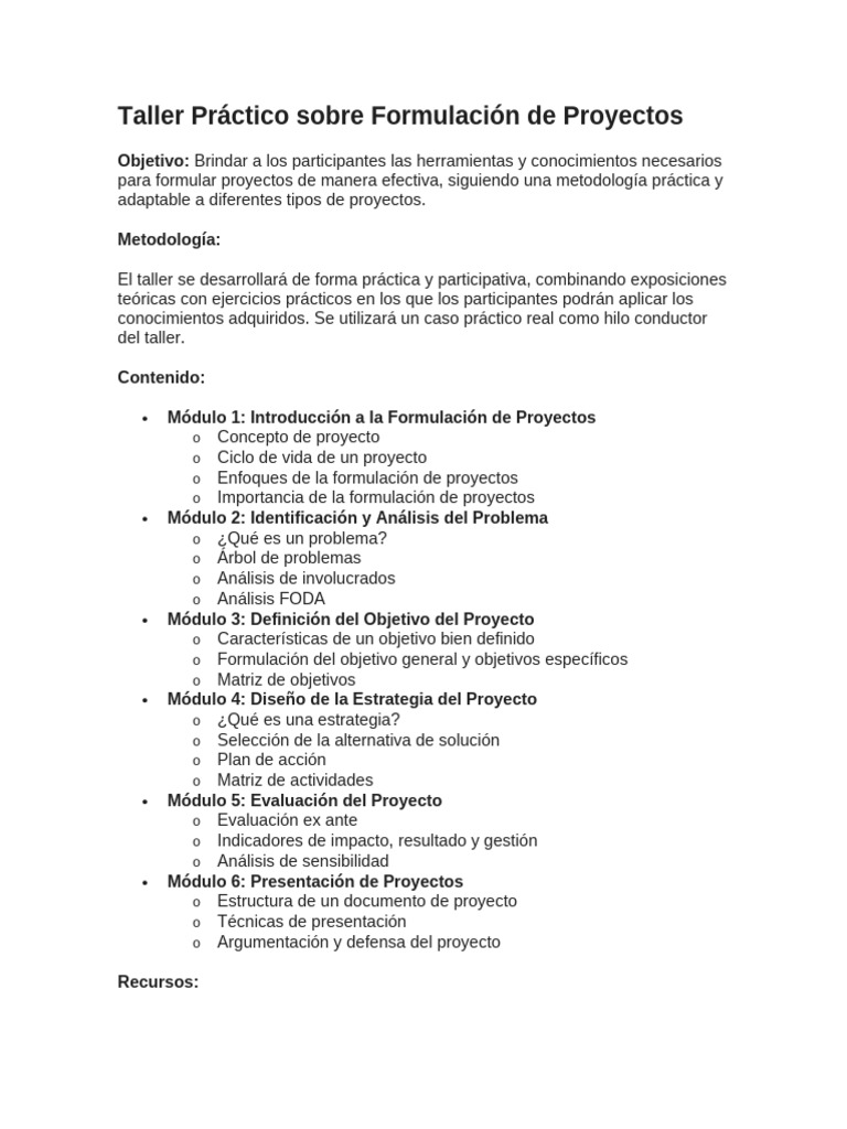Taller de Formulación de Proyectos Práctico | PDF