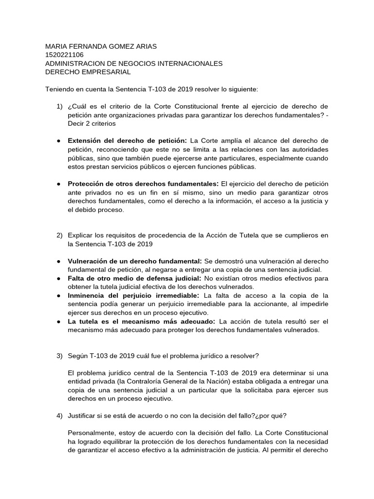 Sentencia T-103 de 2019 | PDF | Petición | Leyes de libertad de
